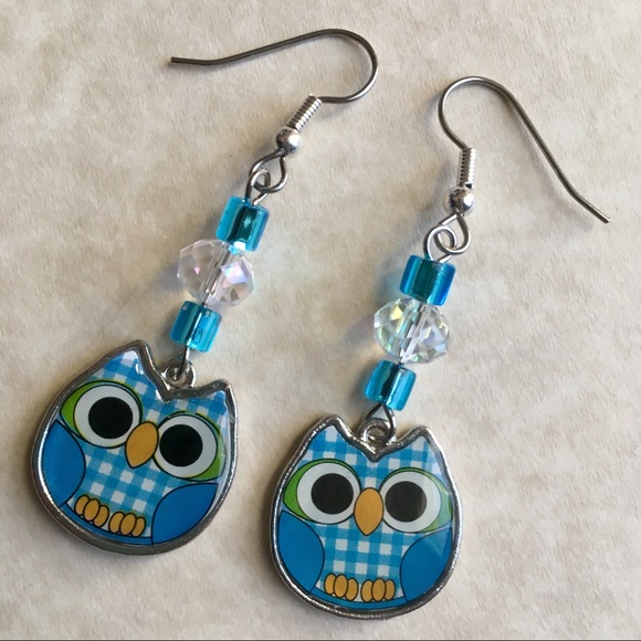 Jewelry - 2/$20 Owl Earrings Blue Silver Tone Beaded Glass Dangle